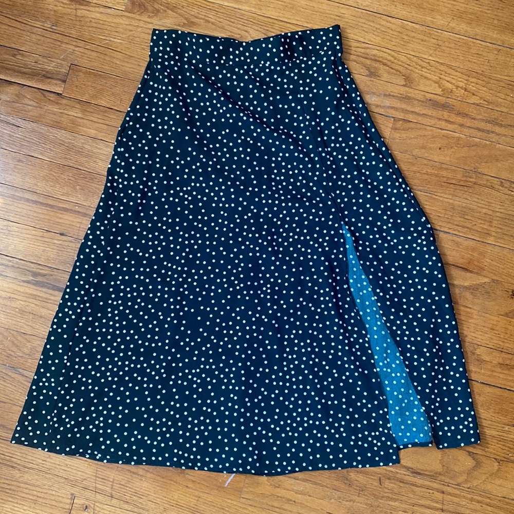Polka Dot Split Thigh Skirt small dark green polka dot skirt slit